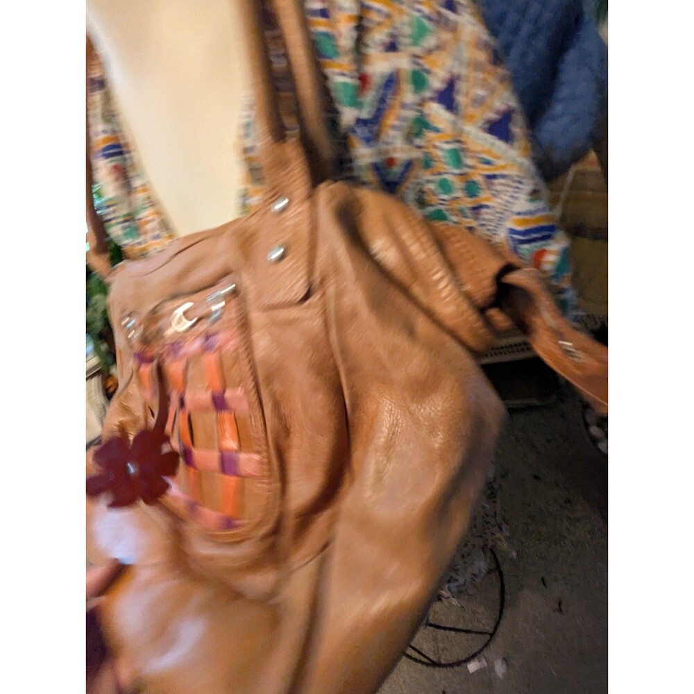 Sofia C. Genuine Leather Satchel Handbag Woven Checkerboard Flower Charm Purse - Picture 5 of 7